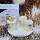 White & Gold 4-Piece Ceramic Bathroom Set | Luxury Soap Dispenser, Toothbrush Holder, Tumbler & Soap Dish